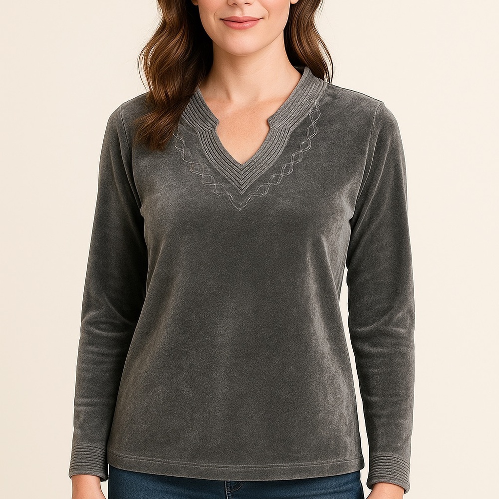 Talbots‎ Velour V-Neck Long Sleeve Top Silver Gray (Size M)